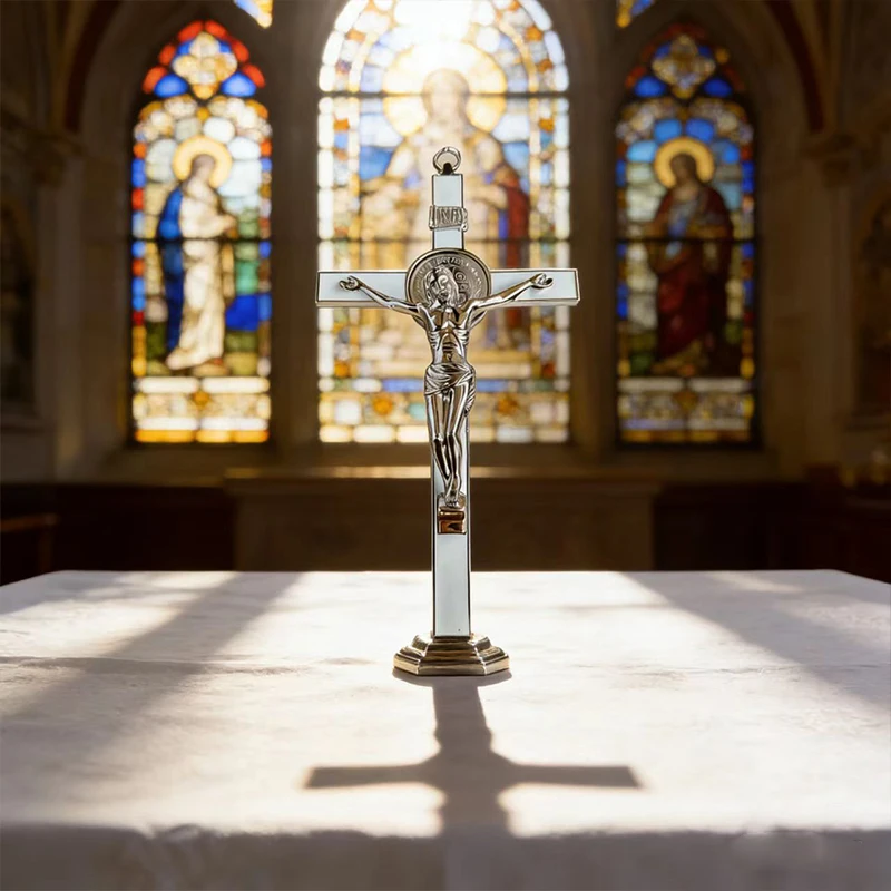 Neu2026 Traditionelles silberfarbenes katholisches St.-Benedikt-Kruzifix mit INRI-Gravur für Kirchenaltar und spirituelle Heimdekoration – Detail 9