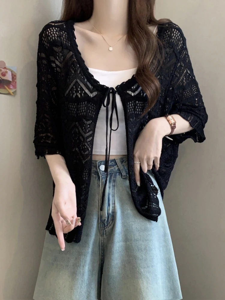 Ice Silk Knitted Mid-Sleeve Open Cardigan Women's Summer plus Size Slimming Design Hollow out Outerwear Top Korean Style V-Neck