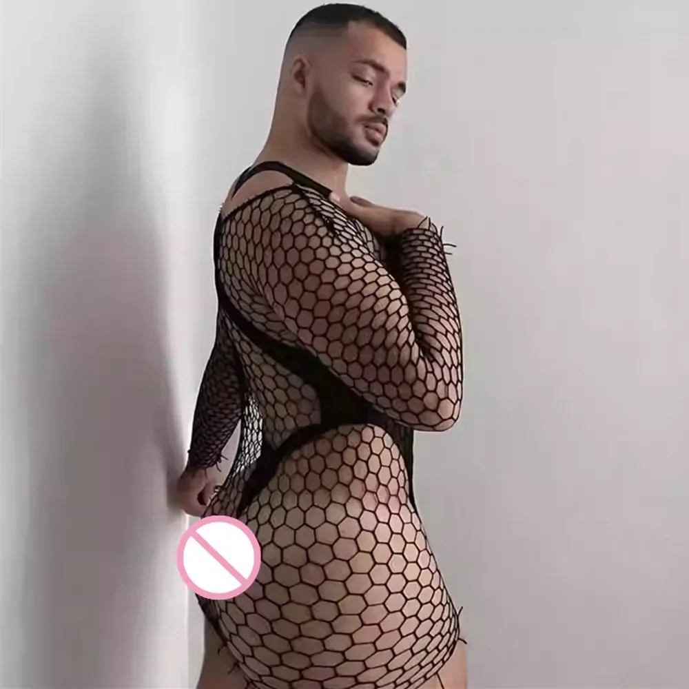 Hoge kwaliteit nachtkleding heren visnet pyjama mode mesh kleding nachtclubs sex set erotische heren netto rok seksuele jurk
