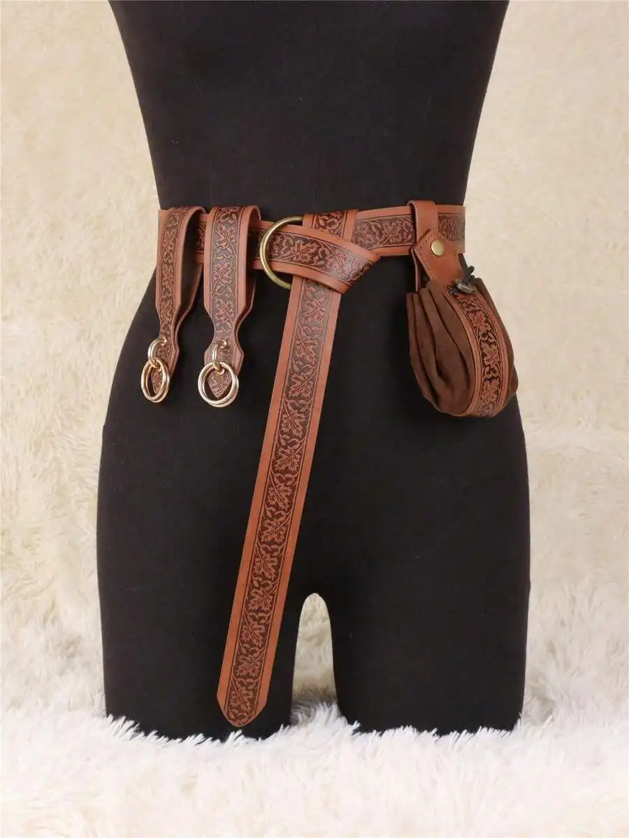 4PCS Renaissance Embossed Medieval Belts & Skirt Hike Retro Viking Drawstring Wallets Cosplay Props Summer, School Fall,