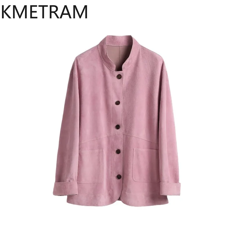 KMETRAM Reversible Genuine Leather Jacket Woman Stand Collar Crossbreed Sheep Suede Leather Coat Office Lady Jackets of Woman 자켓