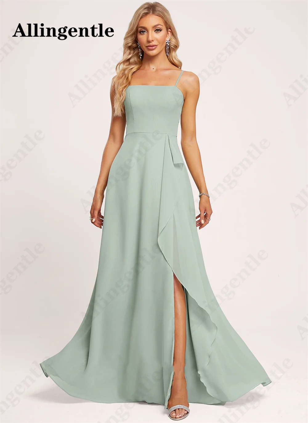 Allingentle Simple Spaghetti Straps Bridesmaid Dresses 2024 Square Collar A-Line Evening Party Gown With Side Slit Floor Length