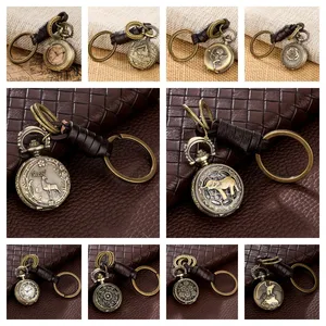 Bronze Retro Mini Pocket Watch with Keychain Quartz Movement Tiny Pocket Clock Gift Men Women