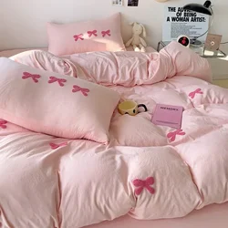 Girls Pink Bedding Set with Bow Korean Breathable Duvet Cover No Filler Flat Sheet Pillowcases Mix Color Comforter Cover Set