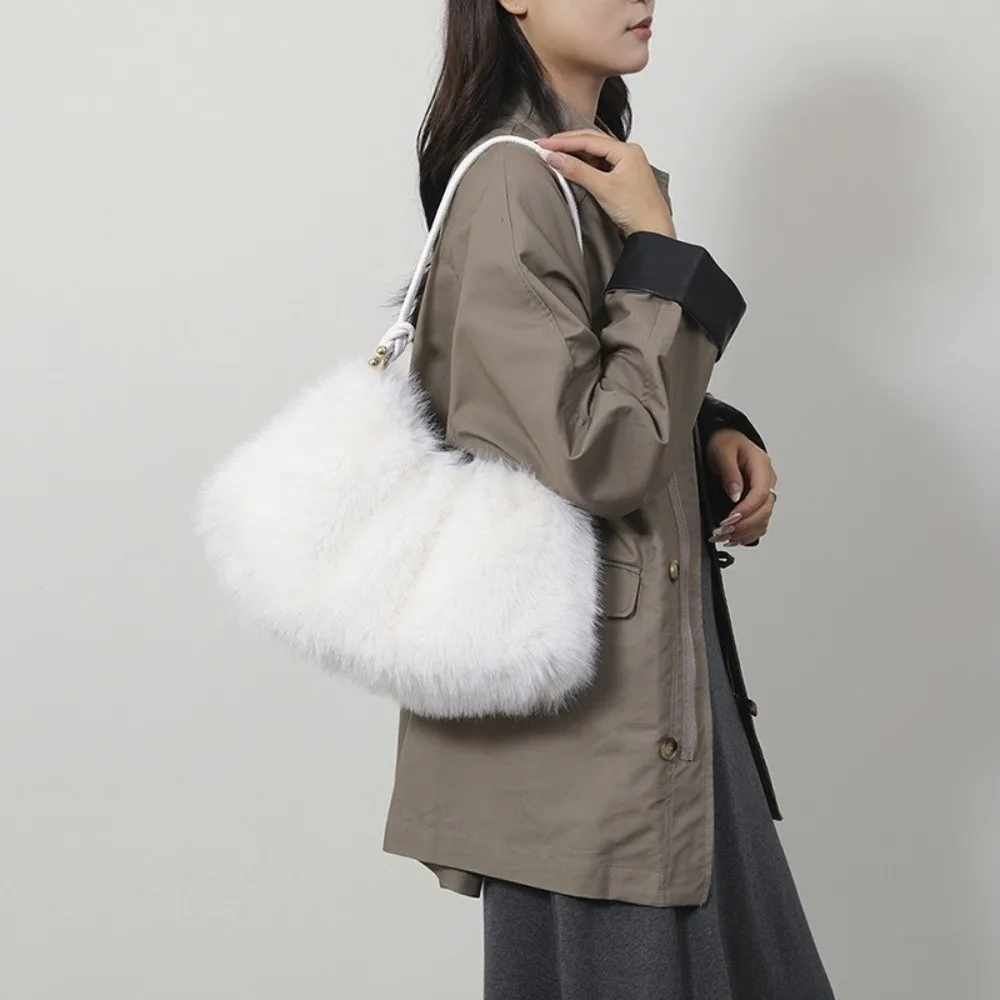 

Elegant Furry Shoulder Bag Fluffy Solid Color Handbag Large Capacity Soft Clutch Bag Handbag