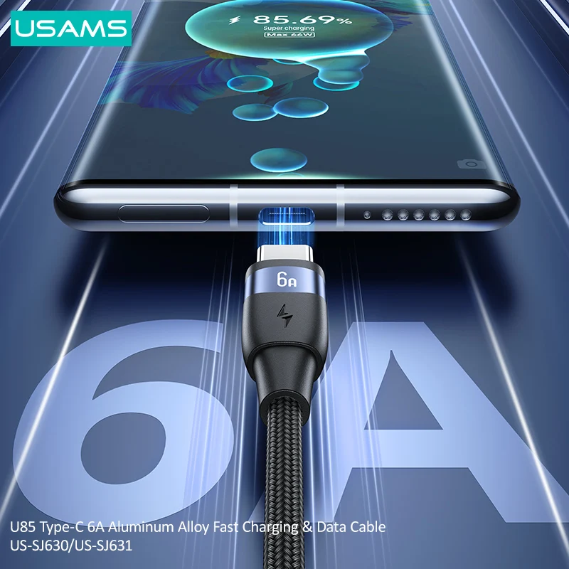 USAMS U85 66W USB Type C Cable For Huawei P50 P40 Pro Honor Super Charge 6A Fast Charging USB C Charger Data Cable Wire Cord