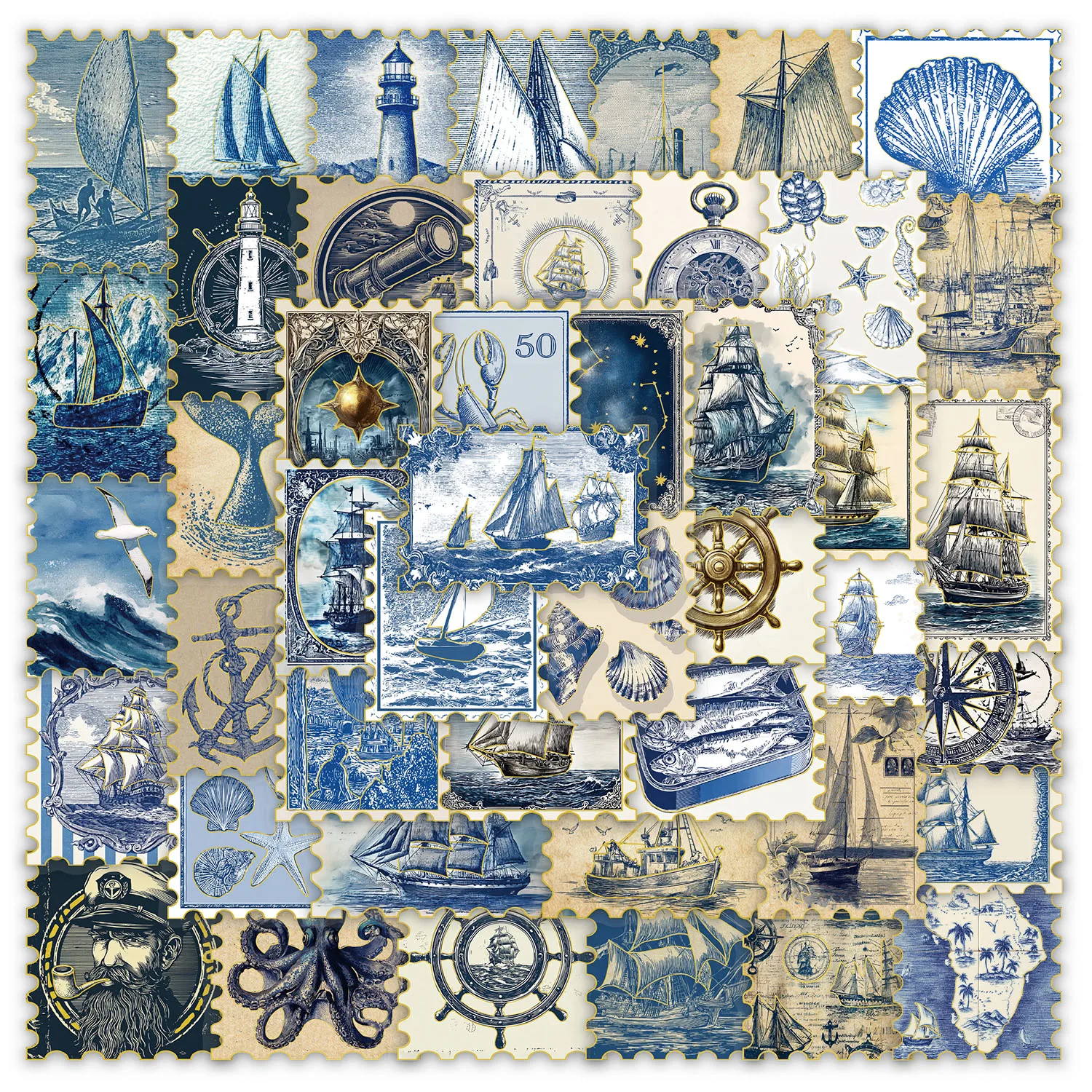 50 autocollants vintage bleus à l'effigie de timbres-poste maritimes - Autocollants en feuille d'or pour coques de téléphone, ordinateurs portables, gobelets, jouets et autres objets DIY