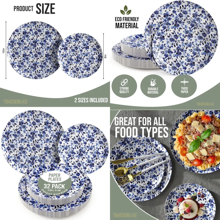 

Набор сверхпрочных бумажных тарелок для 16 гостей, 16 каждый из 8 и 10 дюймов, одноразовые тарелки для вечеринок, необычный набор посуды из 32 предметов