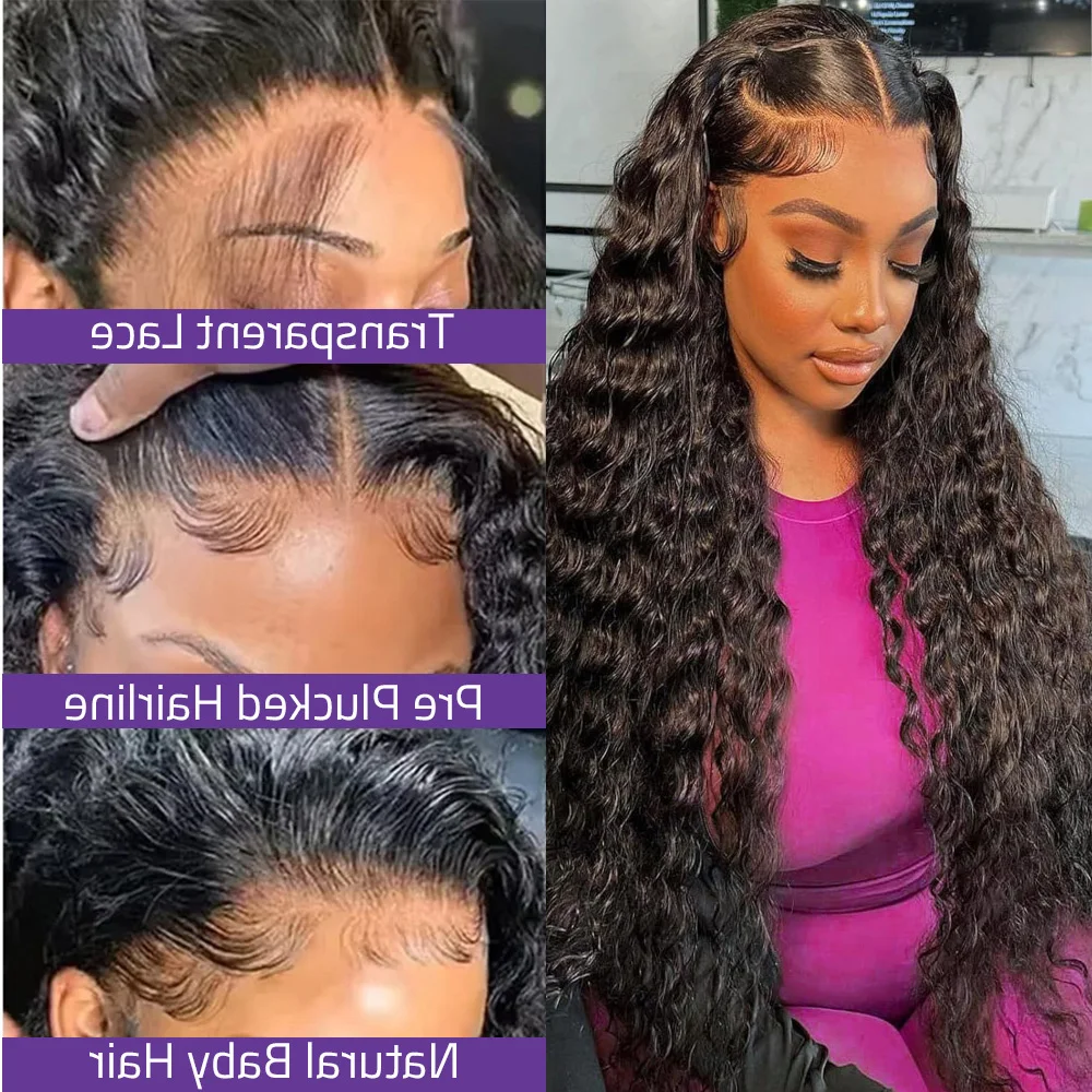 شفاف 200% كثافة المياه Culry 360 كامل الدانتيل الباروكة الأمامية شعر الإنسان 38 بوصة موجة عميقة 5x5 13x6 Hd الدانتيل شعر مستعار أمامي للنساء