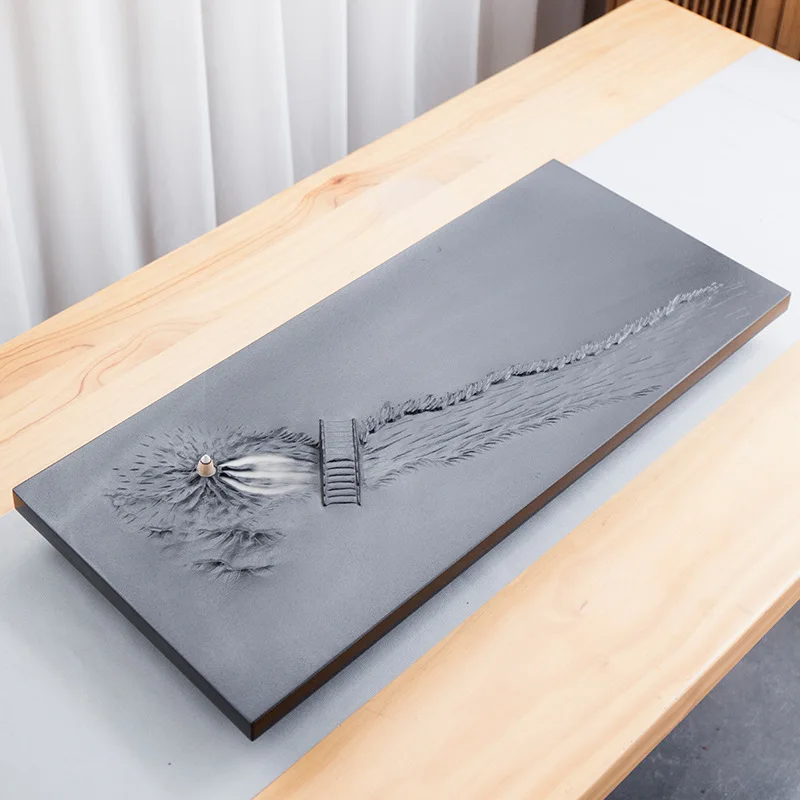 New Natural Wujin Stone Tea Tray Creative Burning Incense 3D Relief Carving Solid Stone Tea Table with Drain Pipe Home Gift