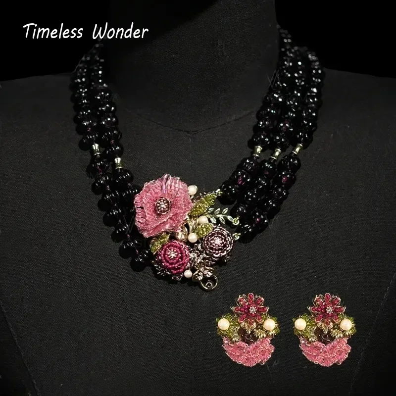 

Timeless Wonder Fancy Crystal Zircon Floral Statement Necklace Women Designer Jewelry Sweet Gift Rare Classy Set Vintage 1372