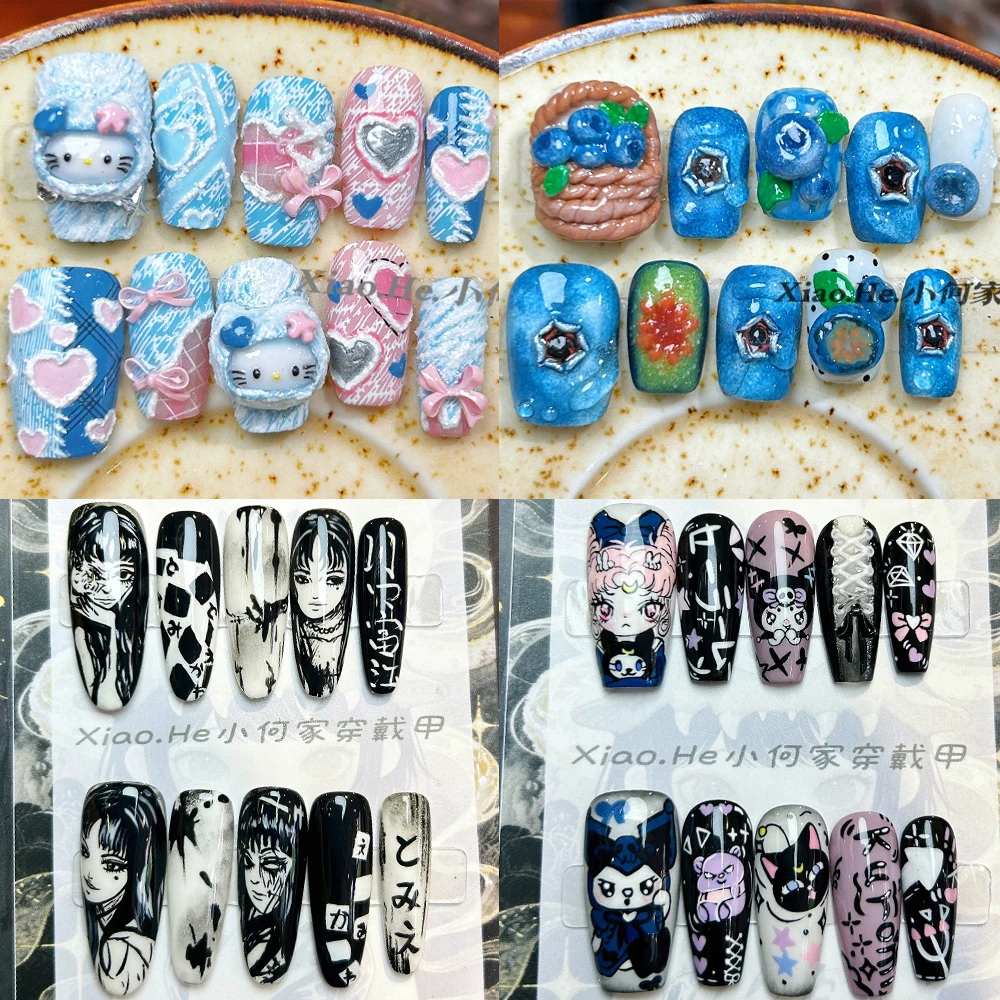 

10Pcs Cartoon Anime Hand-Drawn Handmade Long Square Ellipse Press On Nails High Quality Hello Kitty Kuromi Pearl Fake Nails Gift