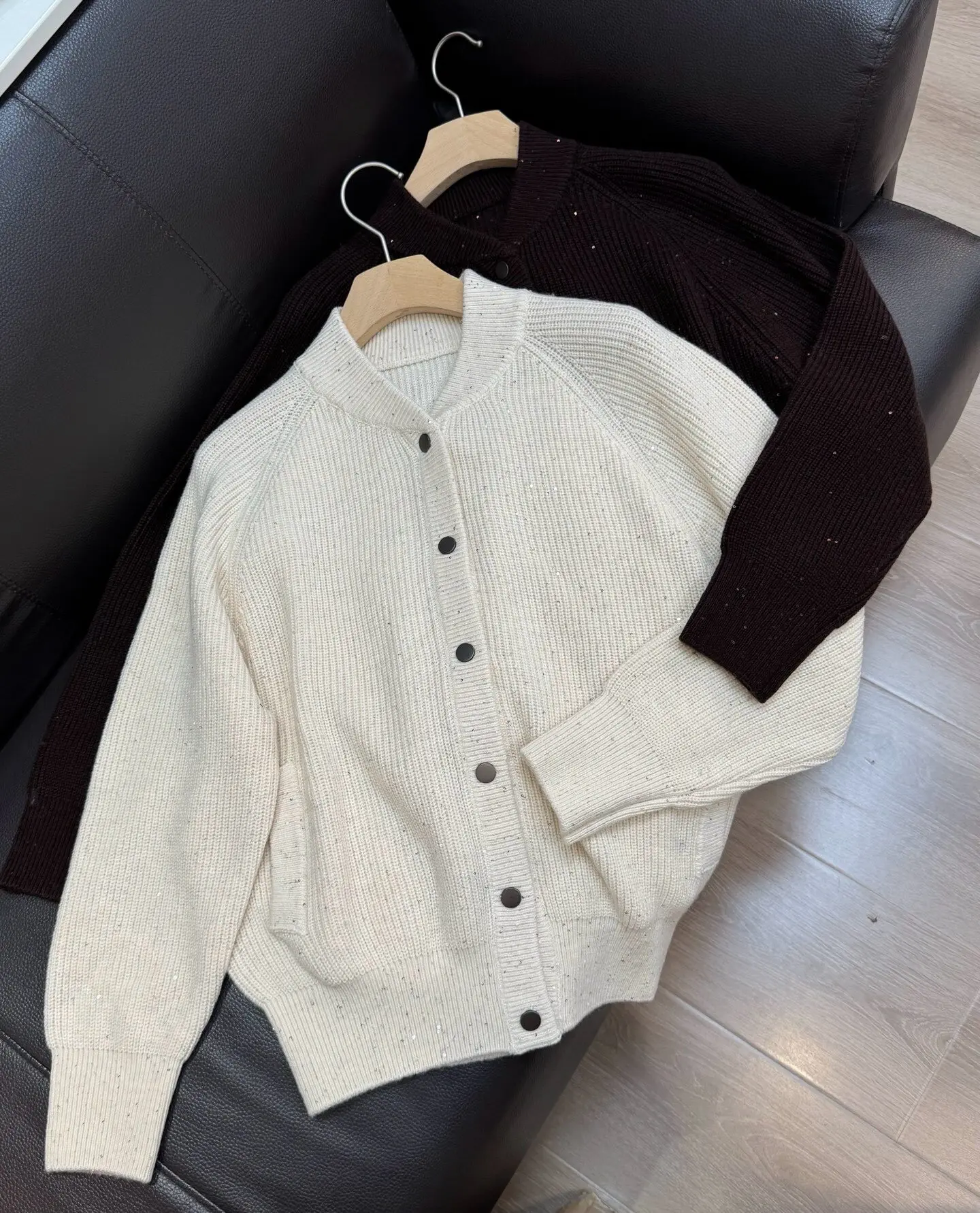2026 Autumn Winter New Women's Old Money Style Standing Collar Cashmere Wool sequin Knitted Cardigan Coat