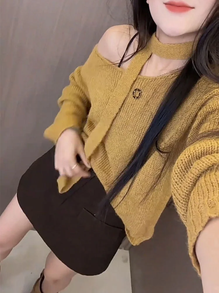 Korean Style Loose Knitted Shirt Women's Early Autumn Shoulder Bared Draped Top Casual Simple Breathable Lightweight Fashion