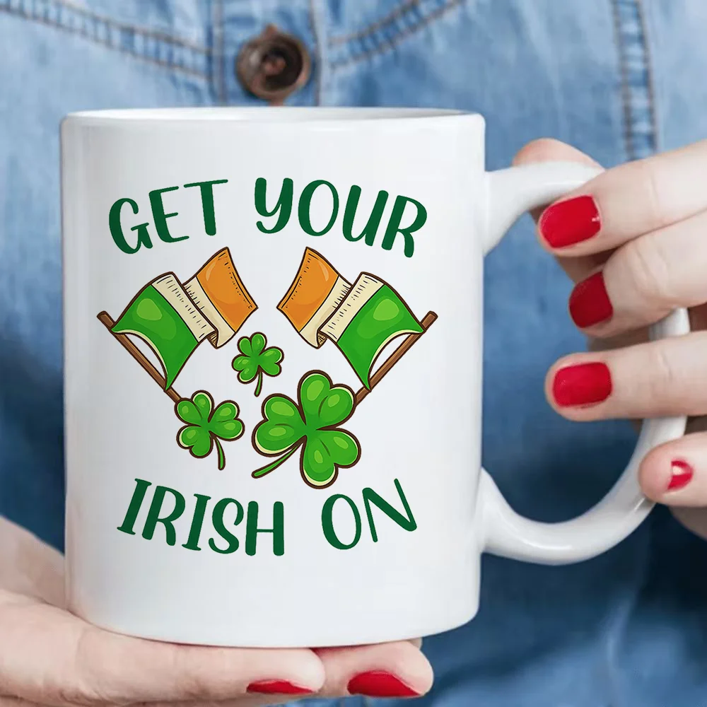 11oz St Patrick's Day Themed Ceramic Coffee Mug with Irish Flag and Clover Print for Holiday Party Home Use and Outdoor Activiti