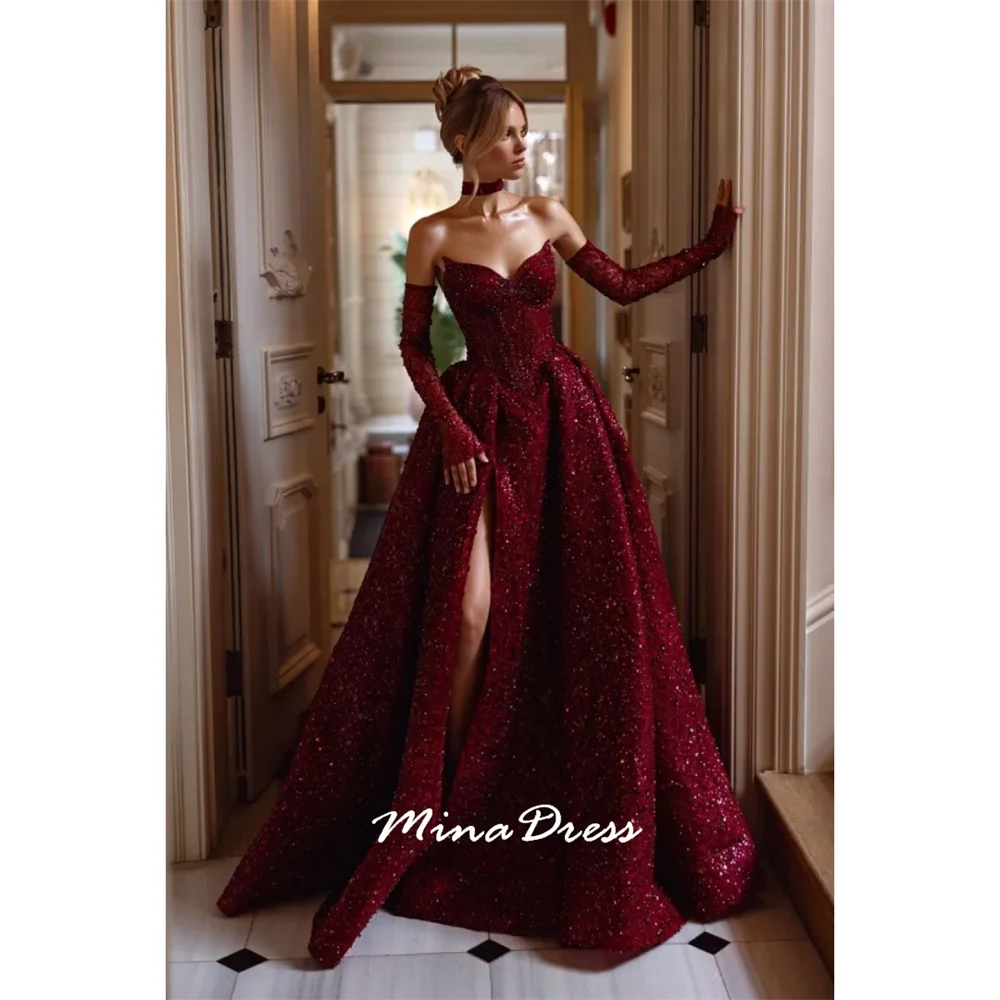 

Mina Customized First Colored Dress for Wedding Guests Back-length Dress With Corset Sequins High Slit Long Dresses Evening Gown
