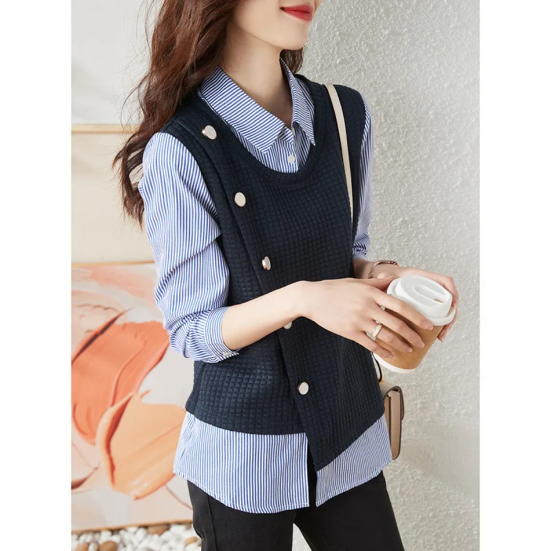 

Boweylun New Fake Two Piece Shirt Autumn Stripe Irregular Patchwork Women Pullover