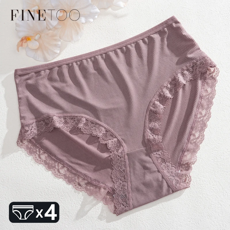FINETOO 3 قطعة سراويل داخلية نسائية مثيرة من الدانتيل مقاس كبير ملابس داخلية مخططة عالية الجودة ملابس داخلية مريحة للفتيات ملابس رياضية صلبة