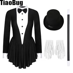 Womens Magician Halloween Costume Circus Ringmaster Contrast Color Bowknot Ruffle Tuxedo Dress with Magic Wand Hat Gloves