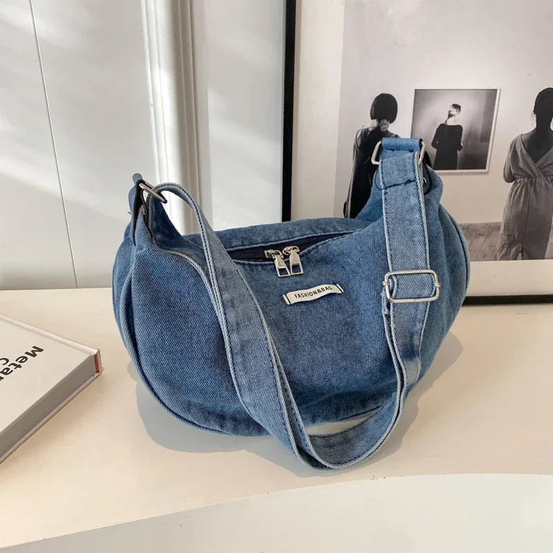 Denim Zipper Ladies Shoulder Bags Casual Sewing Thread 2024 Hot Sale Crescent Crossbody Bags for Women Bolsas Femininas