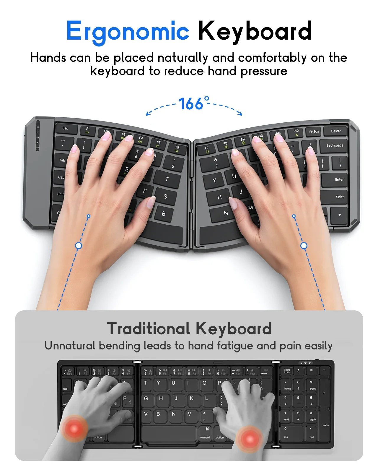 Foldable Bluetooth Keyboard,Ergonomic Keyboard with Bluetooth Connection 2.4G Wireless Connection for iOS/Android/Windows