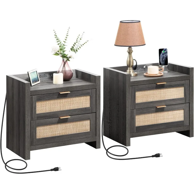 Black Nightstands Set of 2 Bed Side Table : Boho Night Stand End Table with Type-C Charging Station