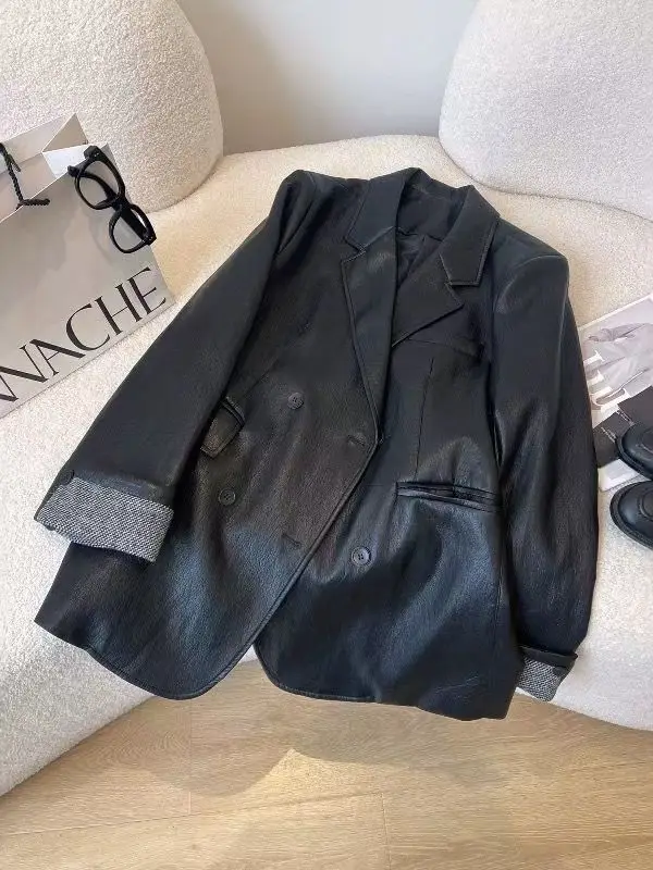 Women Faux Leather Suit Coats Solid Jacket Turn Down Collar Long Sleeve Double Breasted Loose Fit Office Lady Casual 2026 Autumn