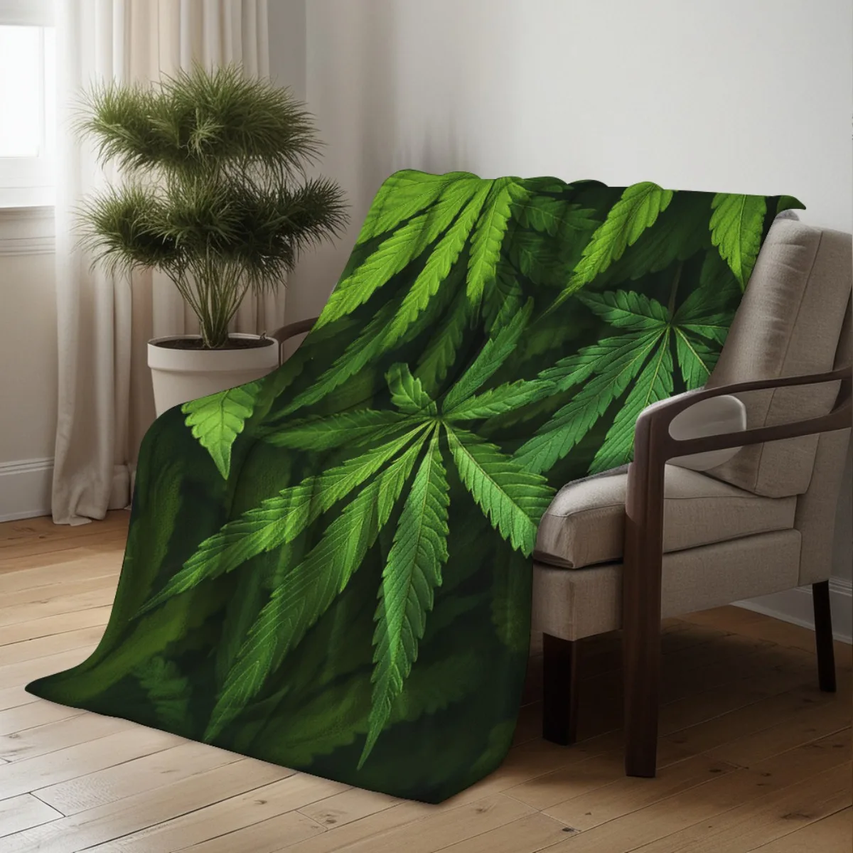 Hemp Leaf Blanket Green Cannabis Pattern Fleece Throw Nature Decor Gift for Weed Lovers Home Living Room Cozy Soft40x60
