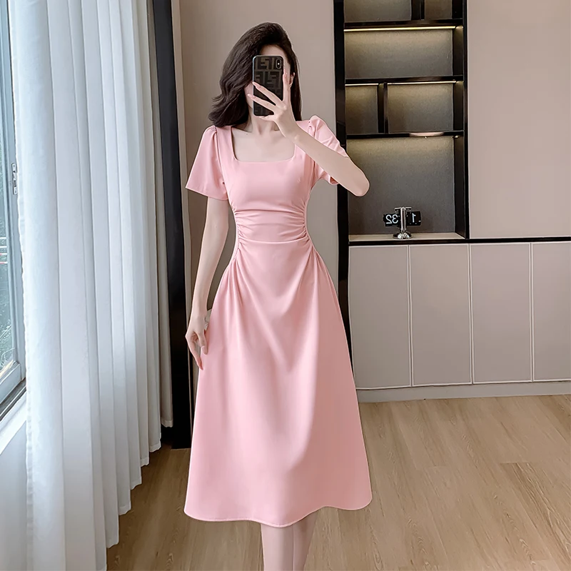 

Summer New Style Fashionable Square Neck Bubble Sleeves Age Reducing Dress with Waist Closing and Slim Fit Long Dress