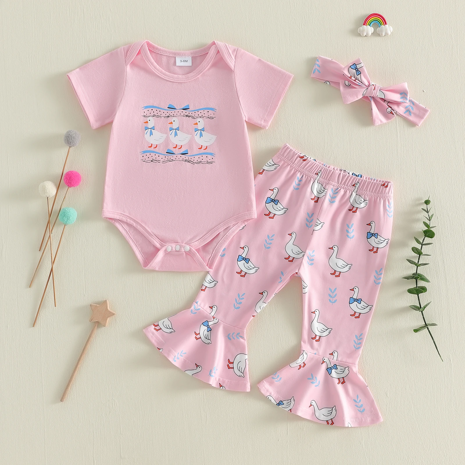 Summer Infant Baby Girls Outfit Duck Print Short Sleeve Romper Flare Pants Headband Clothes
