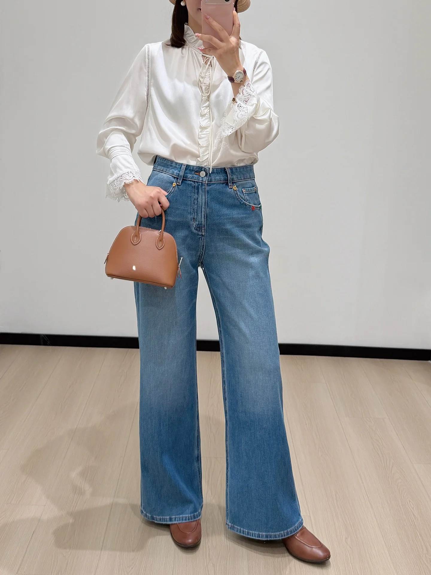 

Classic Handmade Embroidered Floral Wear-Resistant Wide-Leg Straight-Denim Jeans Women's Winter l Waist Jeans