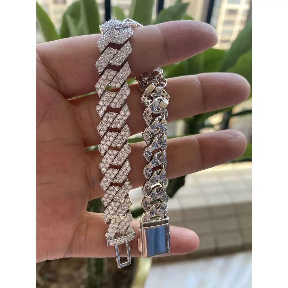 Luxury Zhanhao S925 Silver Inlaid Moissanite Mens Cuban Bracelet 18cm Length Two Colors Can Be Selected.