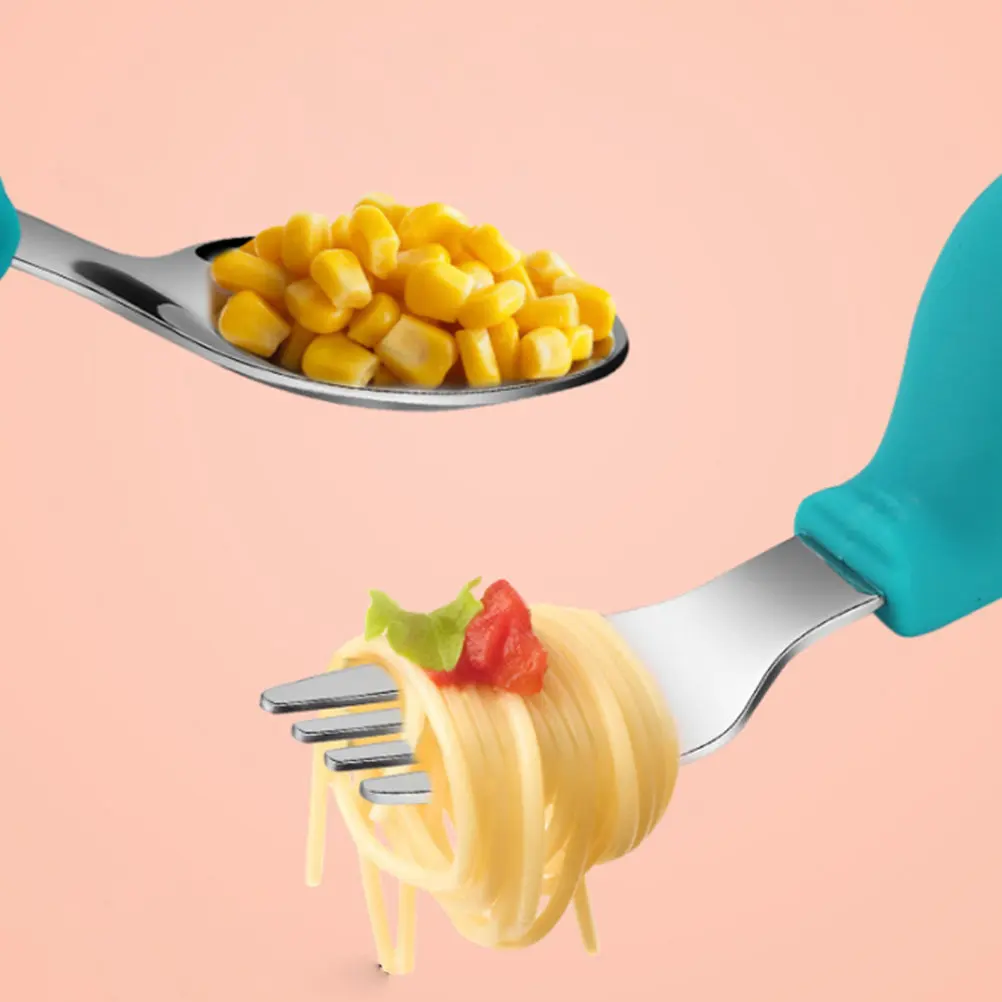 

1Set Baby Spoons Forks Stainless Steel Silicone Combo Food Grade Safe Heat Resistant Soft Handle Toddler Utensils for Noodle