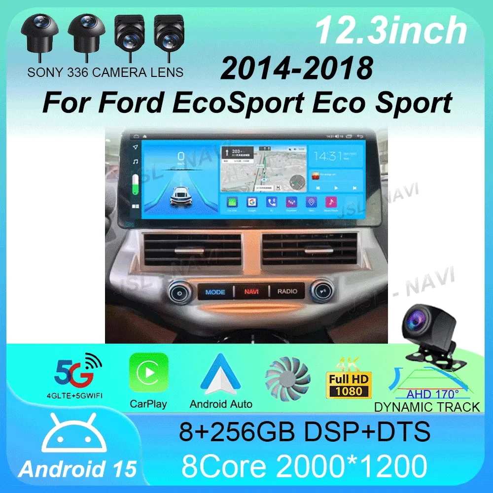 

12,3-дюймовый Android 15 для Ford EcoSport Eco Sport 2014-2018 Вентилятор охлаждения Автомобильный радиоприемник Мультимедийный плеер GPS-навигация DSP Carplay