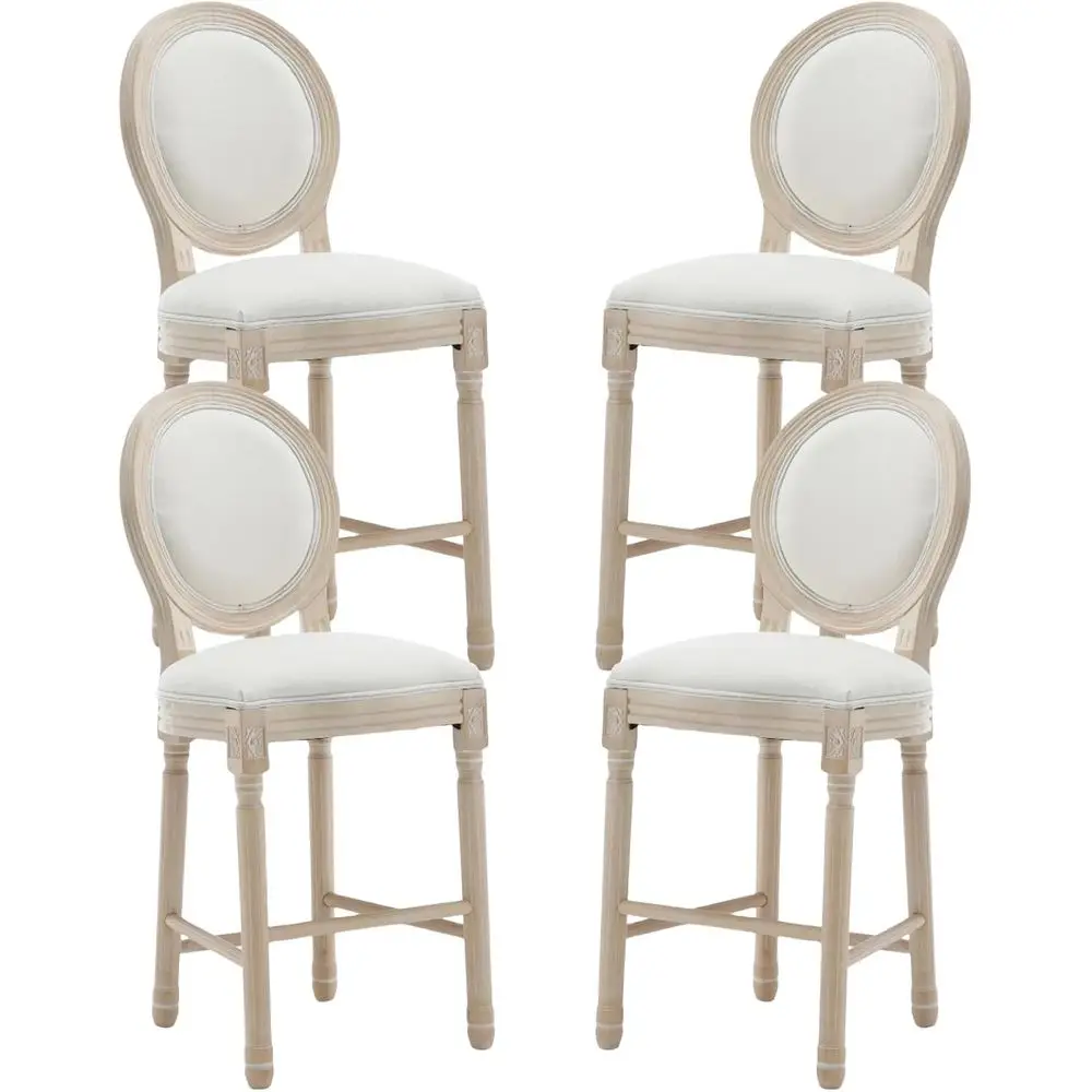 

Set of 4, 26 Counter Height Bar Stools with Round Back, Solid Wood Legs, Linen Upholstery, Beige