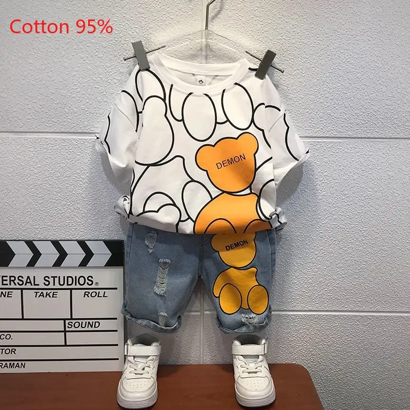 Summer Children Clothes Baby Boys Cotton Cartoon Bear Top T-Shirt+Denim Shorts 2PCS Set Kids Tracksuit Baby Outfit Set 1-12Y