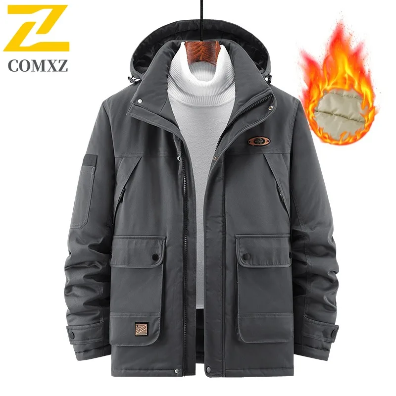 COMXZ 2025 Mens Plus Size Winter Workwear Puffer Jacket Military Style Waterproof Windproof Detachable Hood Outdoor Sports Coat