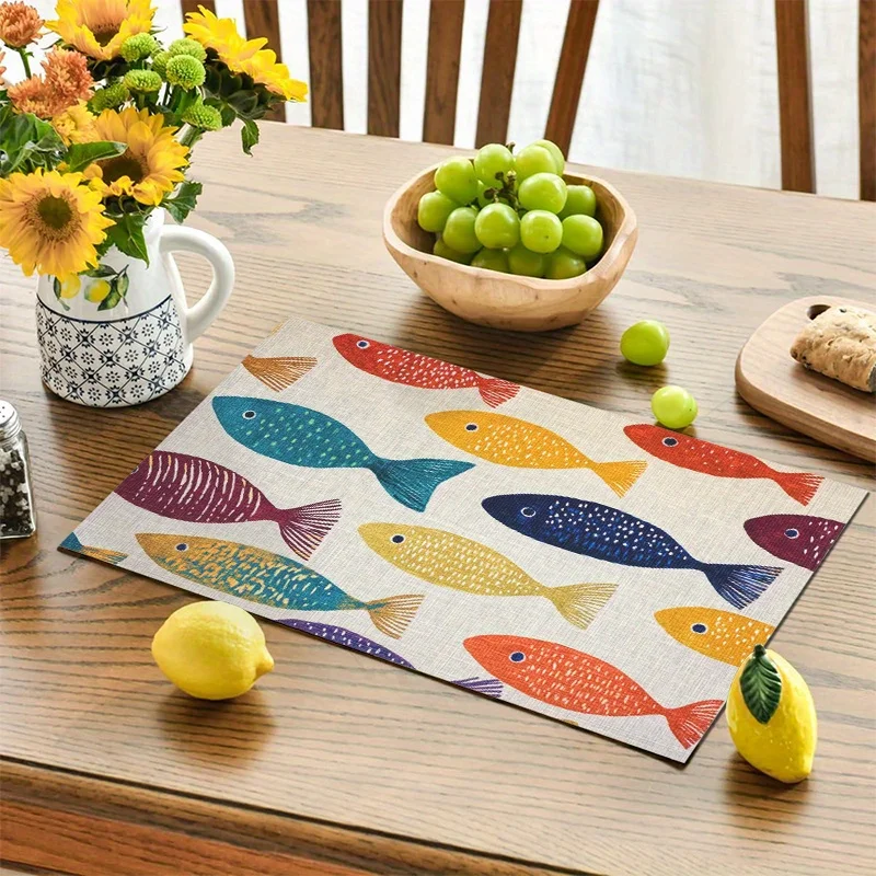 4pcs Colorful Fish‑Print Rectangle Placemat Set, Hand‑Wash Polyester for Dining Coffee Table Holiday Party Home Decor