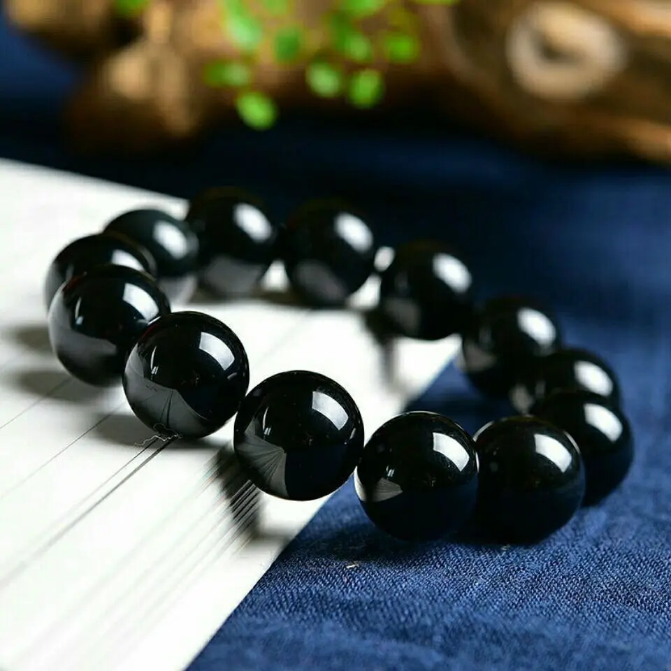 

Large particle genuine black chalcedony bracelet, black single circle bracelet, men's and women's gift jewelry.