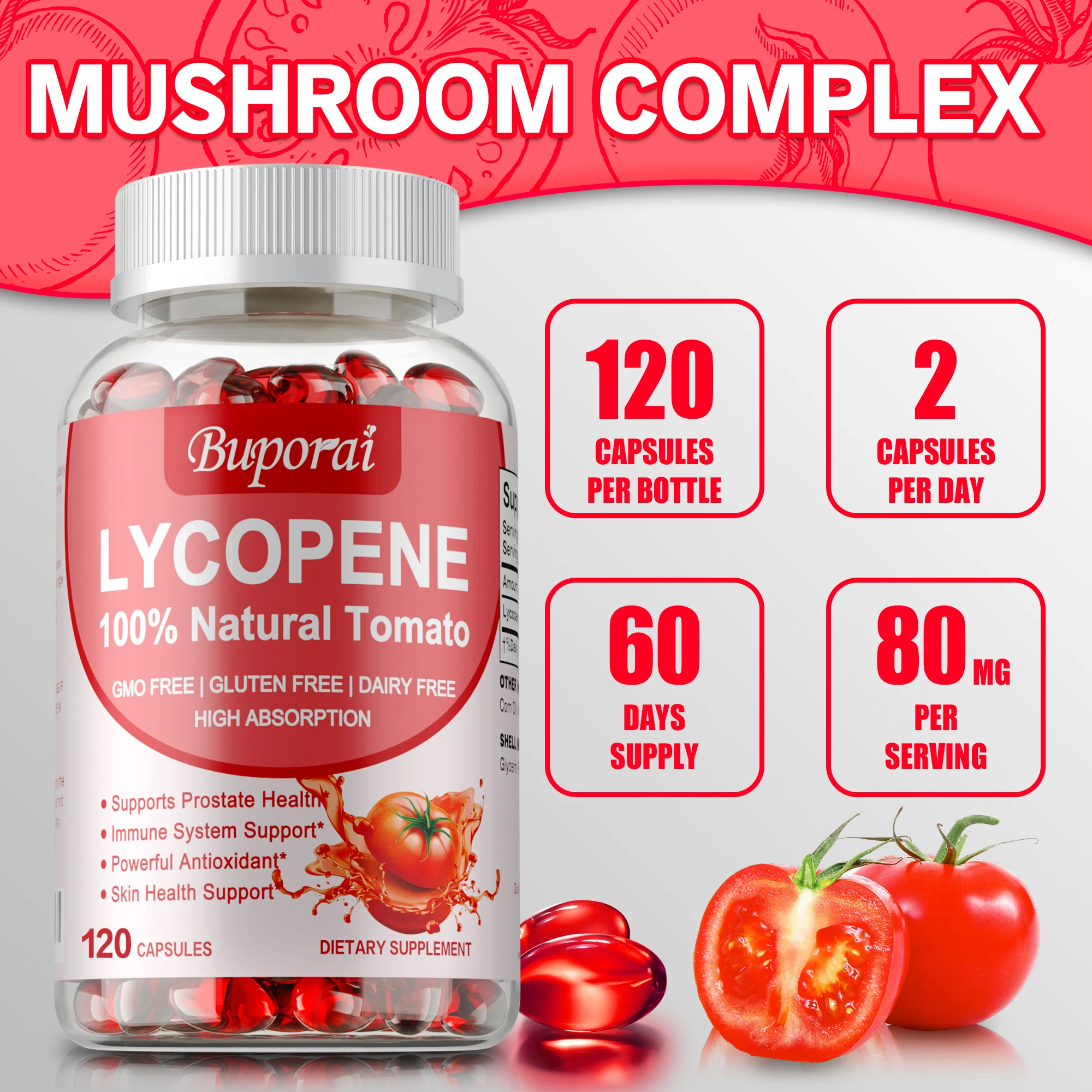 

Lycopene Capsules - Antioxidant, Balances Cholesterol Levels, Enhances Immunity, Supports Vision, Heart & Prostate Health