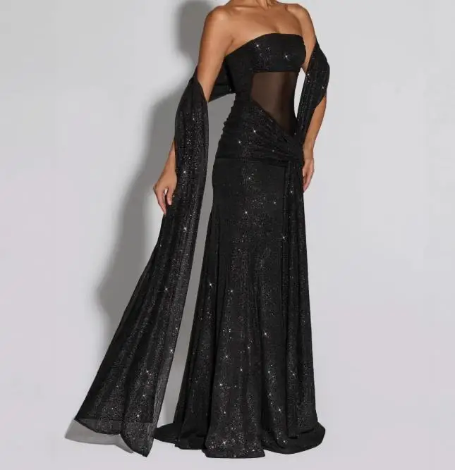 Sommer Neuer eleganter und modischer unregelmäßiger Pailletten-trägerloser Band-langer Rock mit transparentem, durchsichtigem Patchwork-trägerlosem Kleid