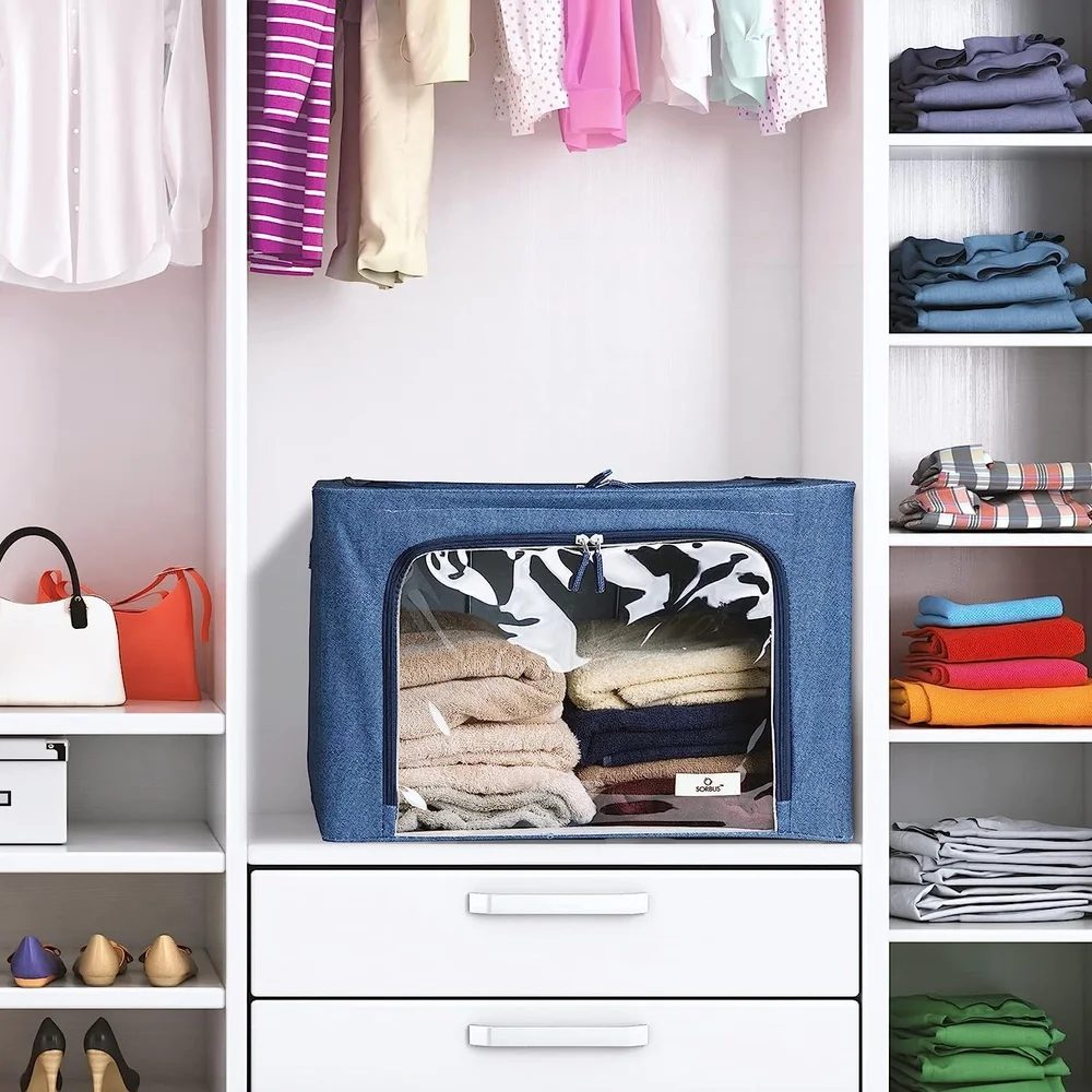صناديق تخزين قابلة للتكديس وقابلة للطي مع إطار معدني ونافذة شفافة ومقابض بسحاب مزدوج وصناديق تنظيم متينة وفراش الملابس