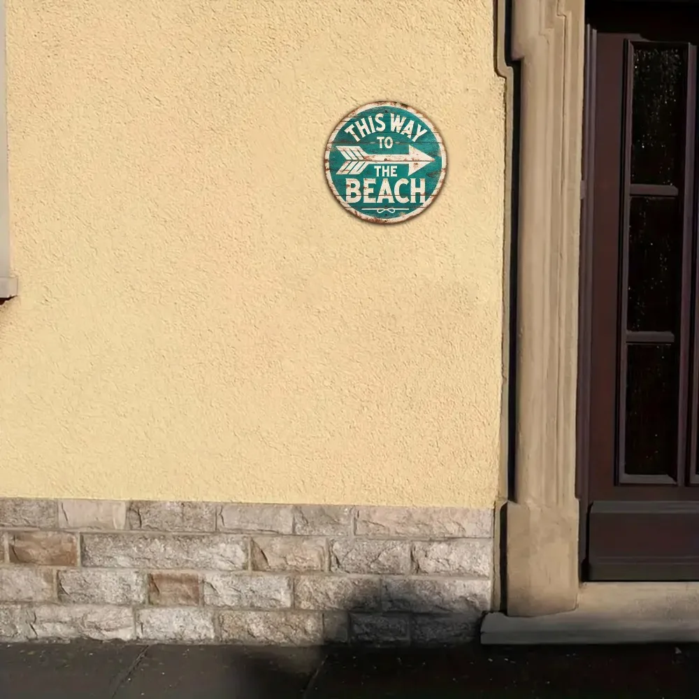Vintage Round Beach Direction Metal Sign | 8inch Teal Green Arrow Wall Art, Suitable for Home, Bars, and Patios | New Home Gift