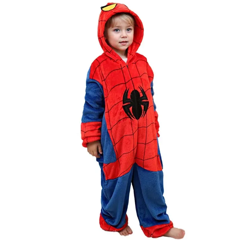 AD1 Spiderman Plush Pajamas Bodysuit Superhero Cosplay Costume Zipper Jumpsuits Warm Boys Girls Homewear Pyjamas Halloween 5@rD~