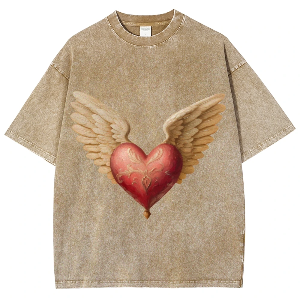 Koszulka graficzna Y2k z nadrukiem skrzydlatego serca Romantyczny, boski i podnoszący duchy styl Kpop Miękki bawełniany materiał na codzienne stylizacje tematyczne miłości