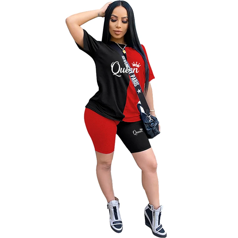 The Latest Women's Color Contrast Sports Quick-drying T-shirt Suit Casual Two-piece Short-sleeved T-shirt Top Sports Suit