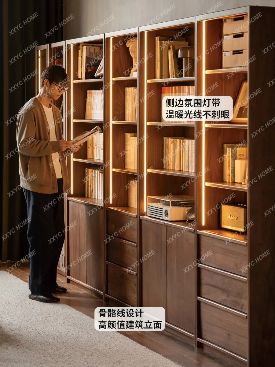 

JJBlack Label Книжный шкаф из цельного дерева Учебный светильник Роскошный дисплей Бытовое хранилище Шкаф для хранения из черного ореха