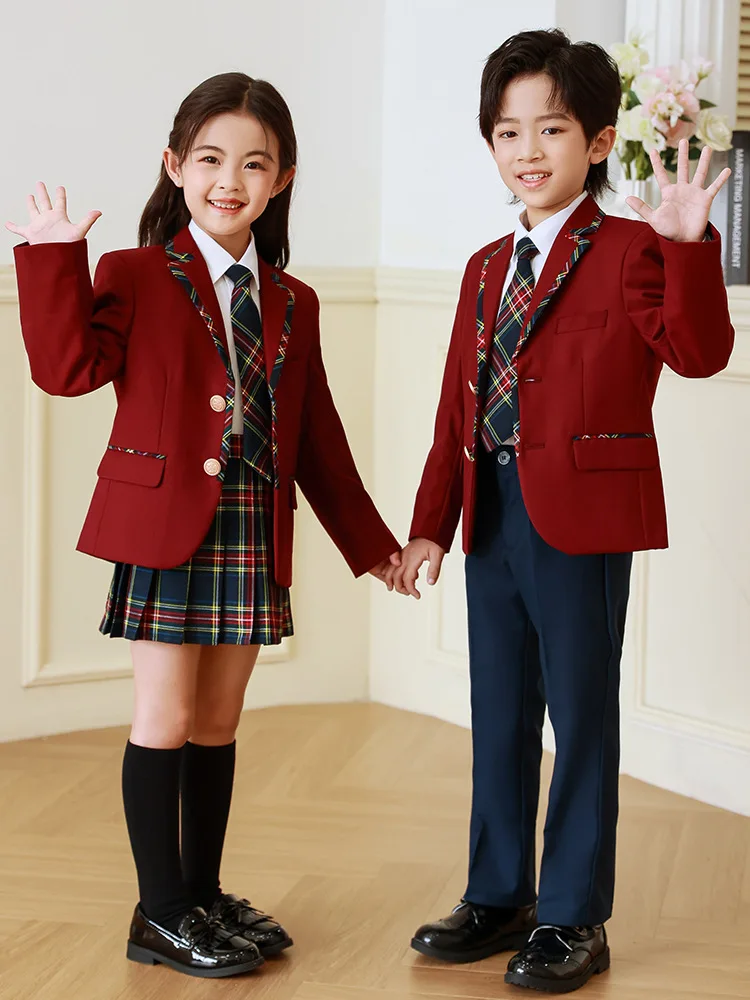 Kids British School Uniform Girls Korean Jacket Pleated Plaid Skirts Boys Blazers Pants Suits Teens Children Student Clothes Set