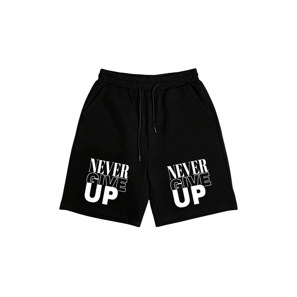 

Mens Black Active Shorts With Never Give Up Print, Elastic Drawstring Waist, Breathable For Gym, Running, Beach And Casual Wear