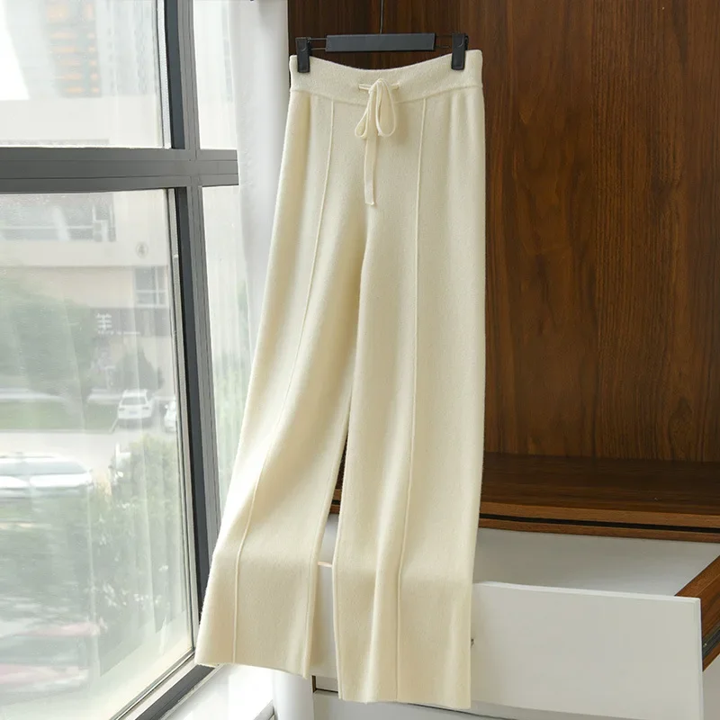 Autumn Korean Fashion Soft White Knit Wide-leg Pants Women's Winter Thick Wool Drop Casual Straight Pants Y2k Women Clothes